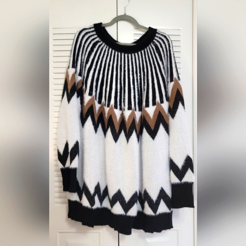 Davi & Dani women's fuzzy, soft decorative sweater, 2XL. White, black, brown.